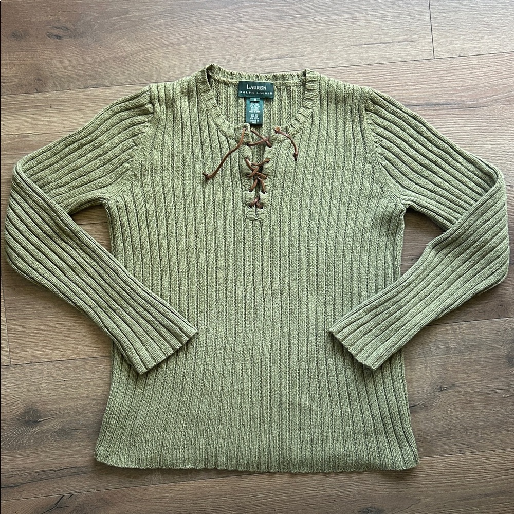 Lauren Ralph Lauren Silk Linen Olive Green Ribbed Lace-Up V-Neck Sweater !Medium